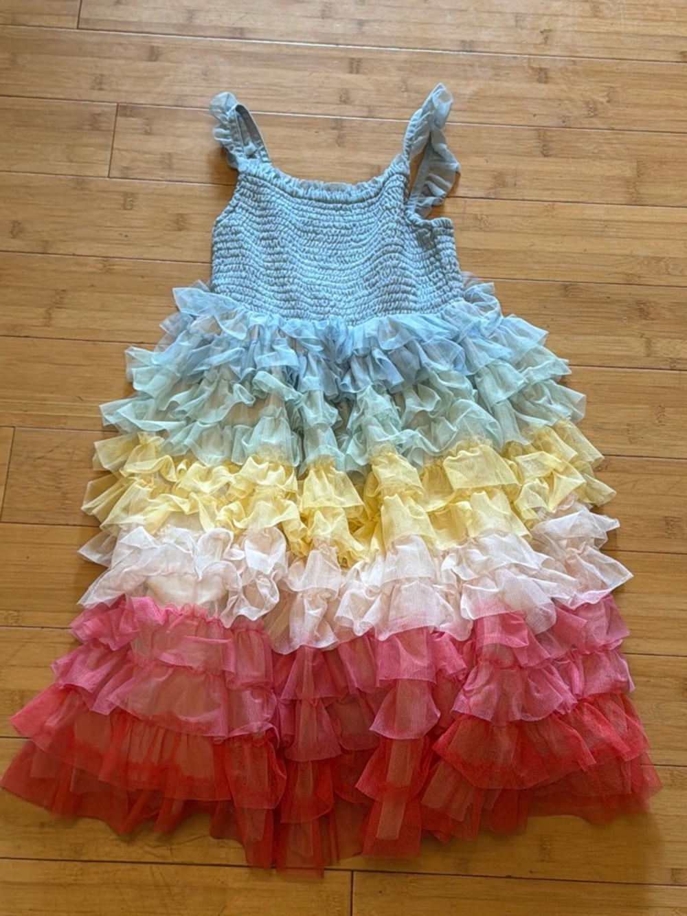 Mini Boden Pastel Rainbow Ruffle Dance Dress - Blue, Yellow, Pink